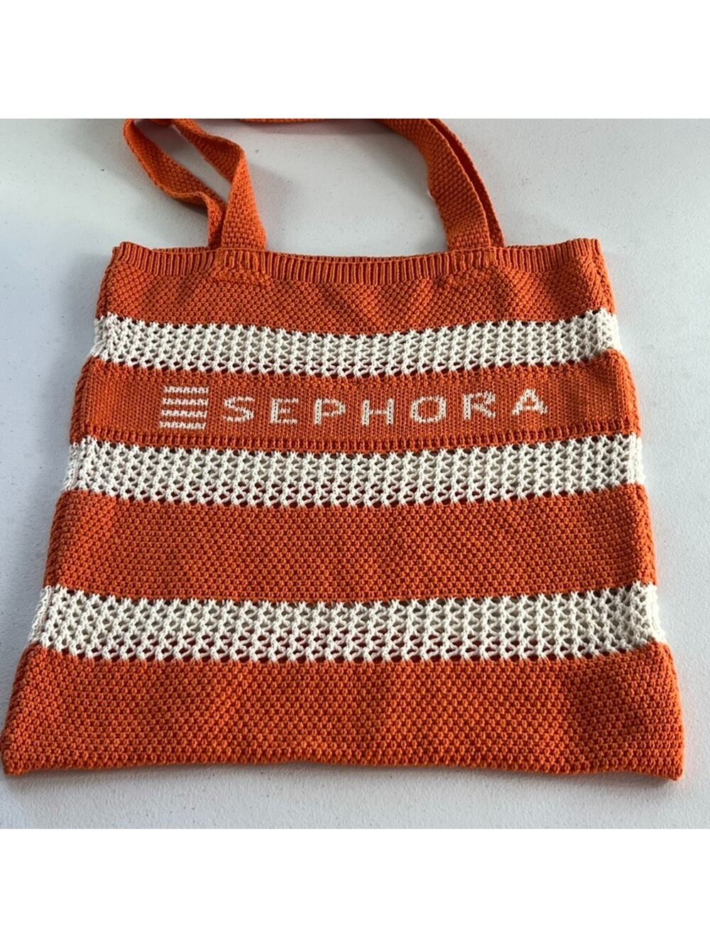 Sephora Knitted Tote Bag Large Orange and White 14 x 16" Color Block